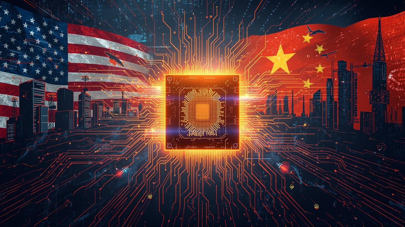Glowing AI chip between US and China flags, depicting semiconductor sanctions