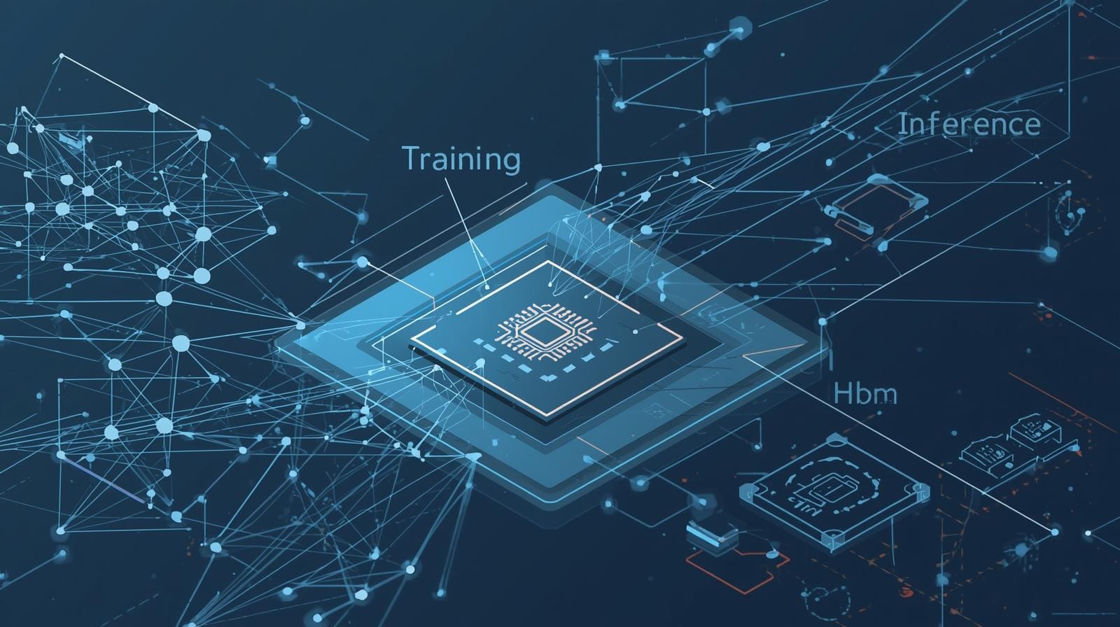 Concept art linking AI compute demand to advanced chips and HBM.