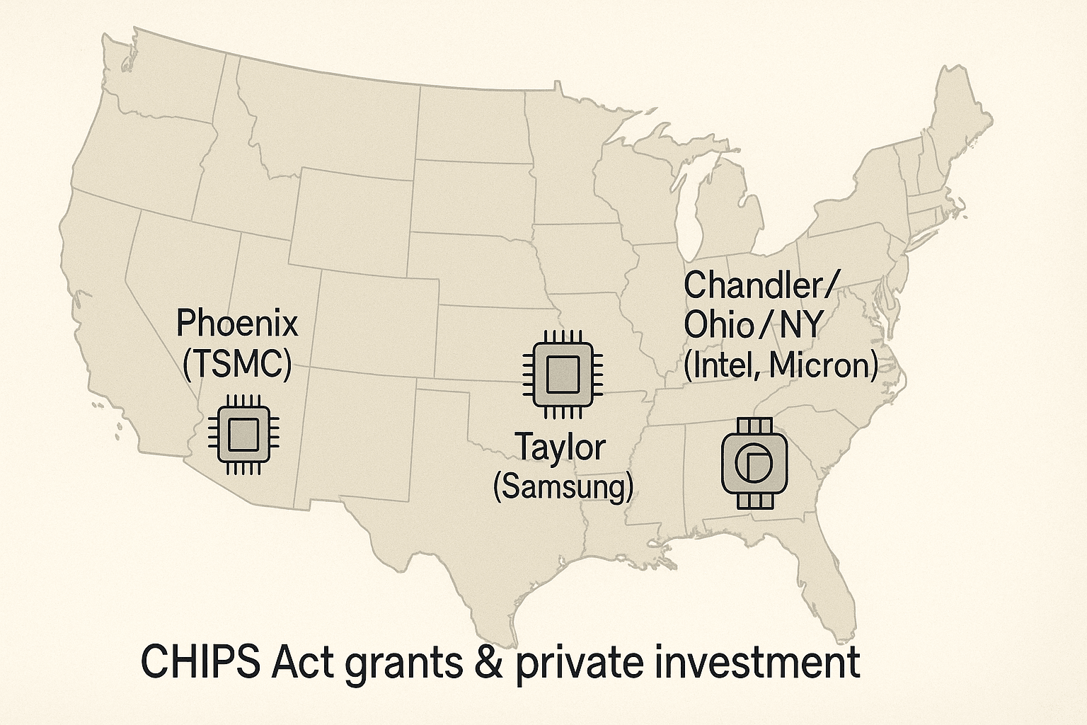 Map of U.S. advanced fab sites built under CHIPS.