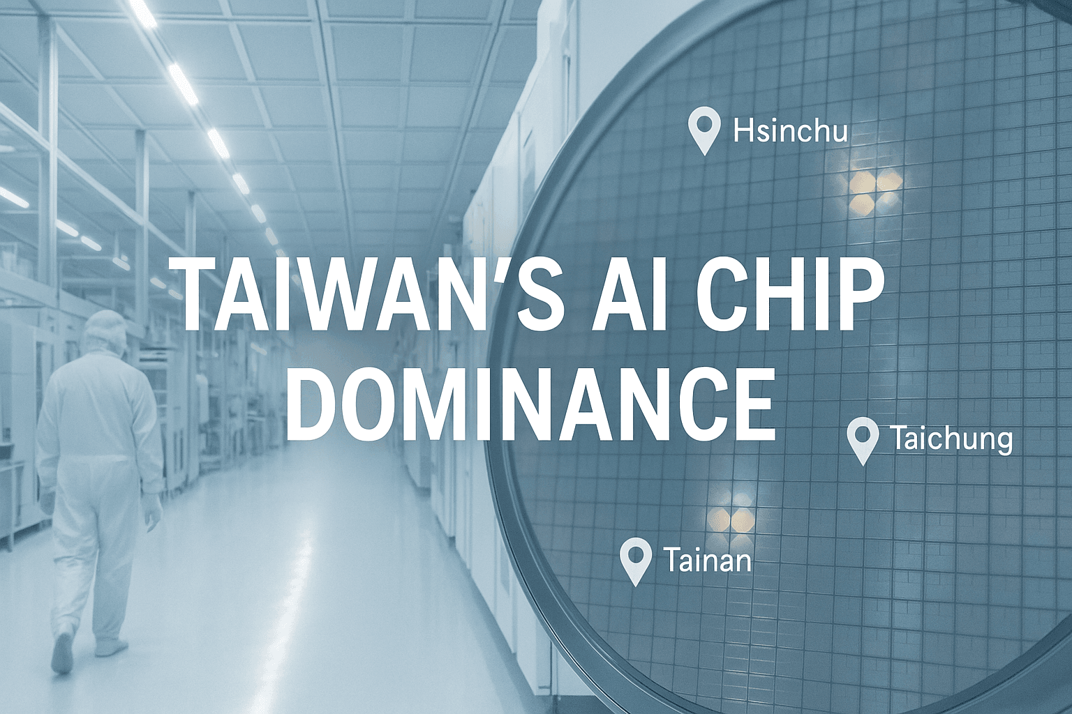 TSMC cleanroom with silicon wafer and Taiwan fab locations.